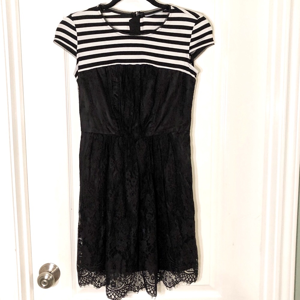 Black & White Striped & Black Lace Dress